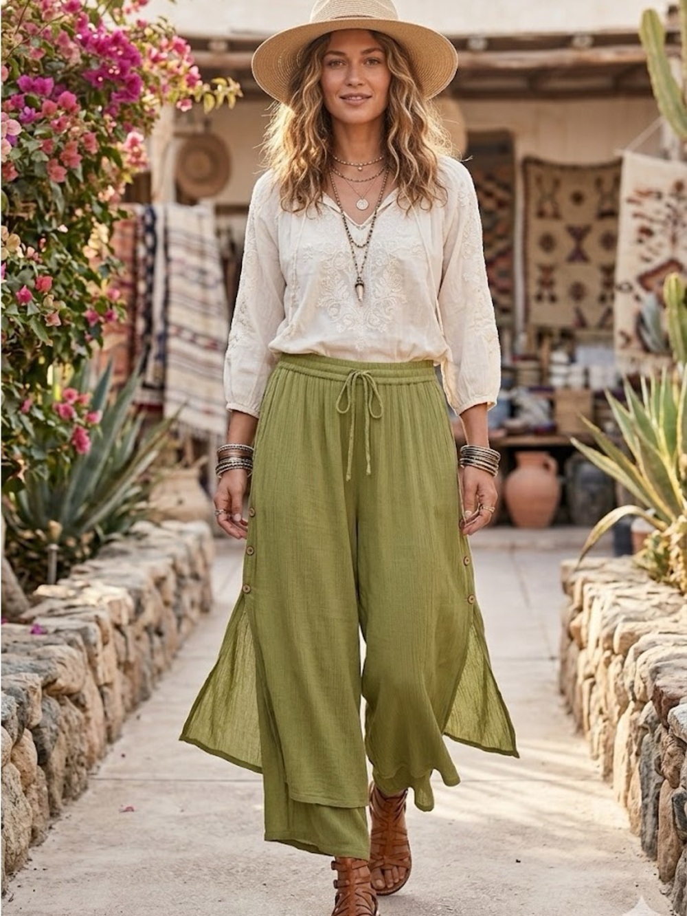 Pink Pineapple Green Crinkle Rayon Layered Palazzo Pants - Size L